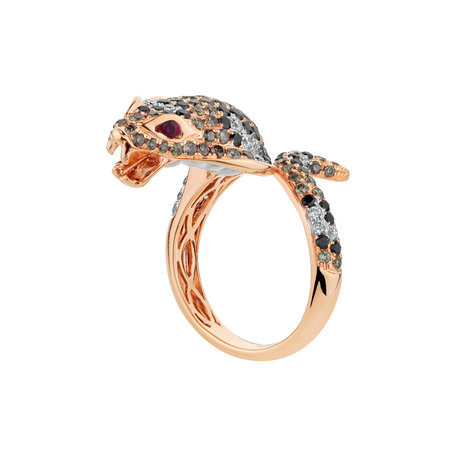 Prsten s bílými a hnědými diamanty, rubíny a perletí Queen Cobra